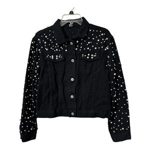 Elegant Black Pearl Studded Jean Jacket